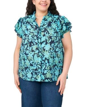 Cece Floral Flutter Sleeve Placket Button-Up Shirt - Blue