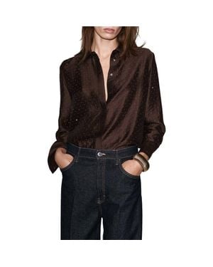 Mango Rhinestone Satin Button-Up Shirt - Black