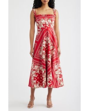 Wayf Arabella Floral Linen Blend Midi Dress - Red