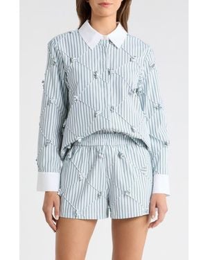 Maude Club Atlas Pinstripe Diamond Seam Button-Up Top - Blue