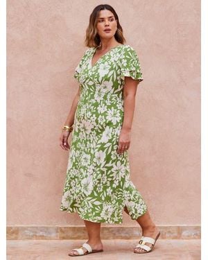 Live Unlimited Floral Flutter Sleeve Dress - Green