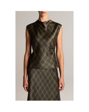 Vince Diamond Plaid Draped Silk Top - Green
