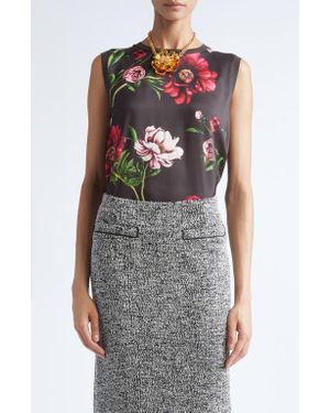 Oscar de la Renta Peony Print Sleeveless Silk Blend Top - Red