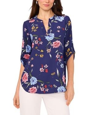 Chaus Floral Print Roll Tab Top - Blue