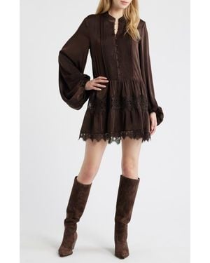 Bardot Antonia Lace Trim Long Sleeve Satin Minidress - Black