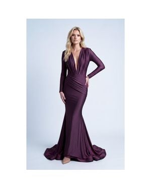 Jessica Angel Long Sleeve Plunge V-Neck Ruched Mermaid Gown - Purple