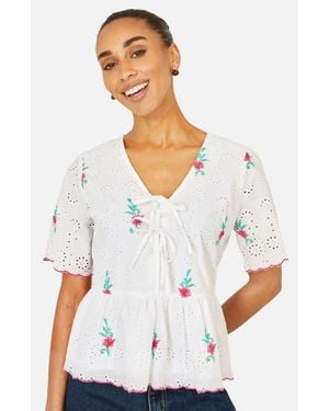Yumi' Broderie Anglaise Embroidered Tie Top - White