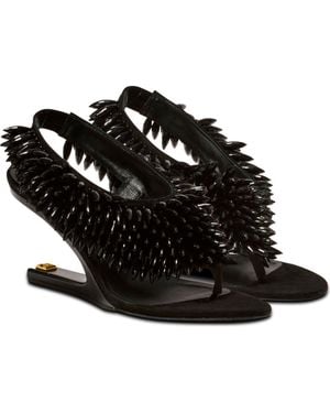 Balmain No Wedge Beaded Suede Sandals - Black