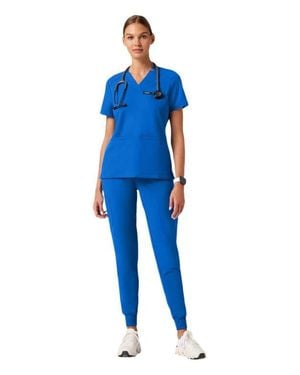 Jaanuu Helia 3-Pocket Slim Notched V-Neck Scrub Top - Blue