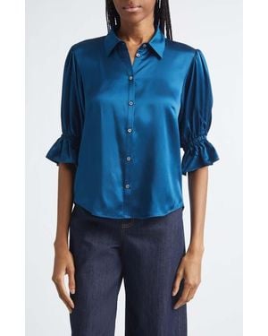 Cinq À Sept Fiona Ruffle Cuff Silk Button-Up Shirt - Blue