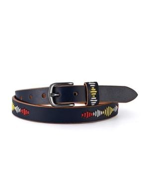 Old Trend Boho Genuine Leather Stitched Perforated Detail Belt - Blue