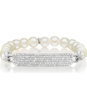 Sheryl Lowe Small Diamond Id Tag On Pearl Bead Bracelet - White