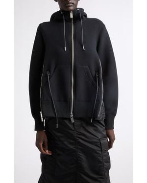 Sacai Mixed Media Scuba Knit & Nylon Twill Hoodie - Black
