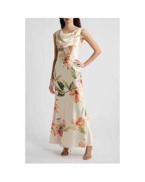 Eliza J Floral Cowl Neck Satin Gown - Natural