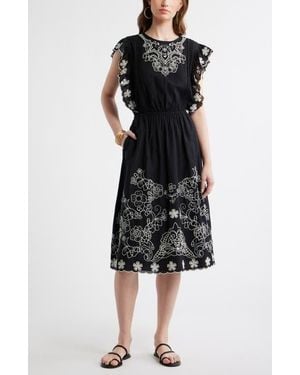 Treasure & Bond Floral Embroidered Flutter Sleeve Midi Dress - Black