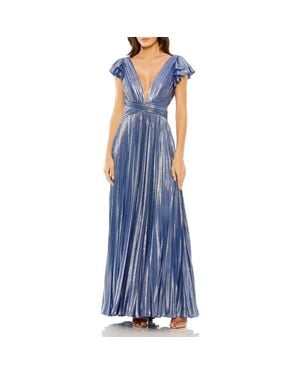 Mac Duggal Pleated Metallic Gown With Ruffle Sleeves And Waist Cutout - Blue