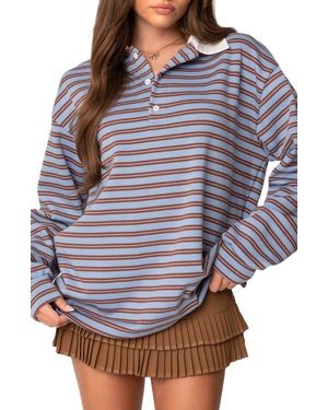 Edikted Stripe Long Sleeve Oversize Polo - Gray