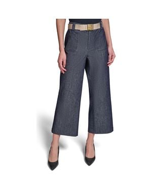 KARL LAGERFELD Belted Pinstripe Crop Denim Pants - Blue