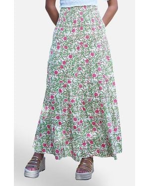 Yumi' Boho Print Cotton Floral Maxi Skirt - Green