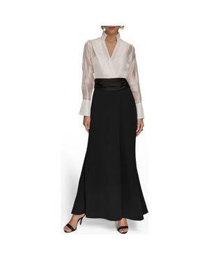 Donna Karan Organza Bodice Long Sleeve Gown - Black