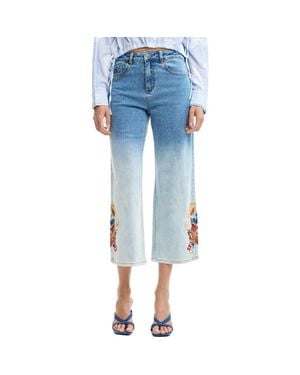 Desigual Floral Embroidered Gradient Crop Wide Leg Jeans - Blue