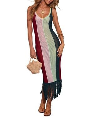 Vici Collection Marrion Stripe Open Stitch Fringe Midi Dress - Red