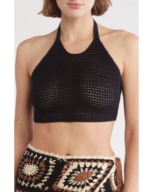Elan Open Stitch Halter Crop Cover-Up Top - Black