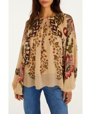 FARM Rio Ligia Floral Cascade Long Sleeve Top - Blue