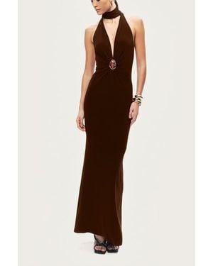 Nocturne Halter-Neck Draped Maxi Dress - Brown