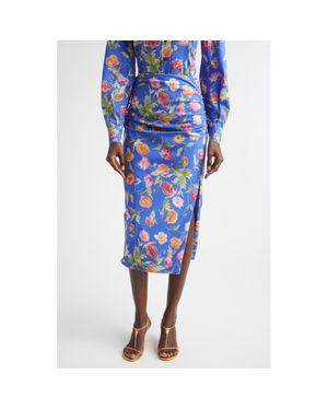 Carolina Herrera Poppy Print Ruched Pencil Skirt - Blue
