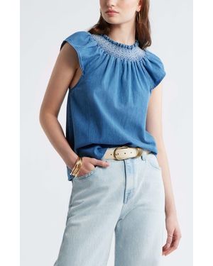 Treasure & Bond Smocked Neck Chambray Top - Blue