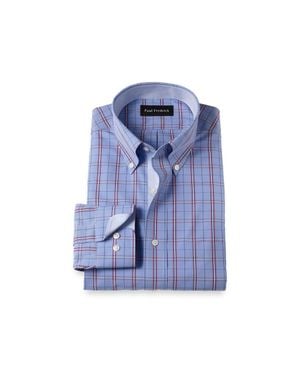 Paul Fredrick Cotton Buttondown Collar Poplin Tailored Contrast Trim Button Cuff Long Sleeve - Blue