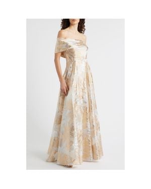Eliza J One-Shoulder Metallic Jacquard Gown - Natural