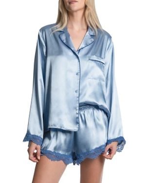 In Bloom Felicity Lace Trim Long Sleeve Satin Shorts Pajamas - Blue
