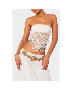 Edikted India Fringe Hem Lace Tube Top - White