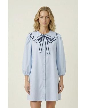 Modenaire Striped Button-Front Scalloped Collar Dress - Blue