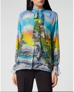 Philipp Plein Silk Chiffon Shirt Hawaii - Blue