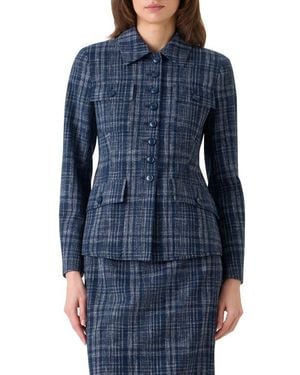 Akris Delia Plaid Wool Blend Tweed Jacket - Blue