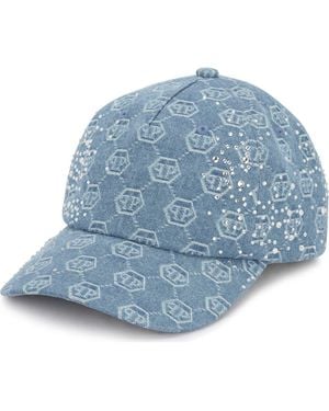 Philipp Plein Denim Baseball Cap Monogram Strass - Blue