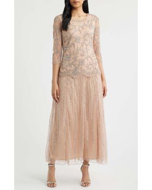 Pisarro Nights Beaded Chiffon Mock Two-Piece Dress - Natural
