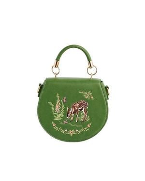 Fable England Fawn & Snail Embroidered Top Handle Saddle Purse - Green