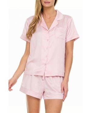 Flora Nikrooz Satin Short Pajamas With Faux Pearl Trim - White