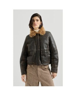 Brunello Cucinelli Vintage-Effect Shearling Aviator Jacket With Monili - Multicolor
