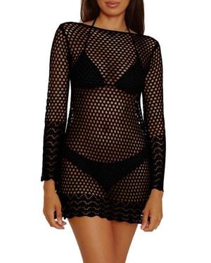 Becca Treasure Island Long Sleeve Reversible Open Knit Cover-Up Tunic - Black