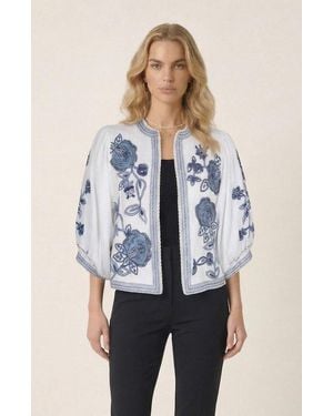 Modenaire Floral Embroidered Open Front Jacket - Blue