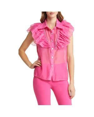 NIKKI LUND Holly Rhinestone Ruffle Button-Up Blouse - Pink