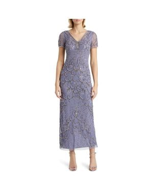 Pisarro Nights Beaded Mesh Column Gown - Purple