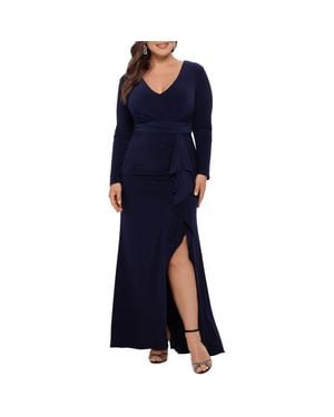 Betsy & Adam V - Neck Cascading Ruffle Gown - Blue