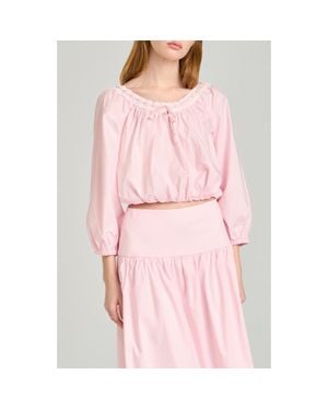 Wayf Mia Boho Lace Trim Gathered Stretch Cotton Top - Pink