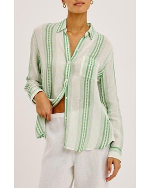 Rails Charli Stripe Linen Blend Button-Up Shirt - Green
